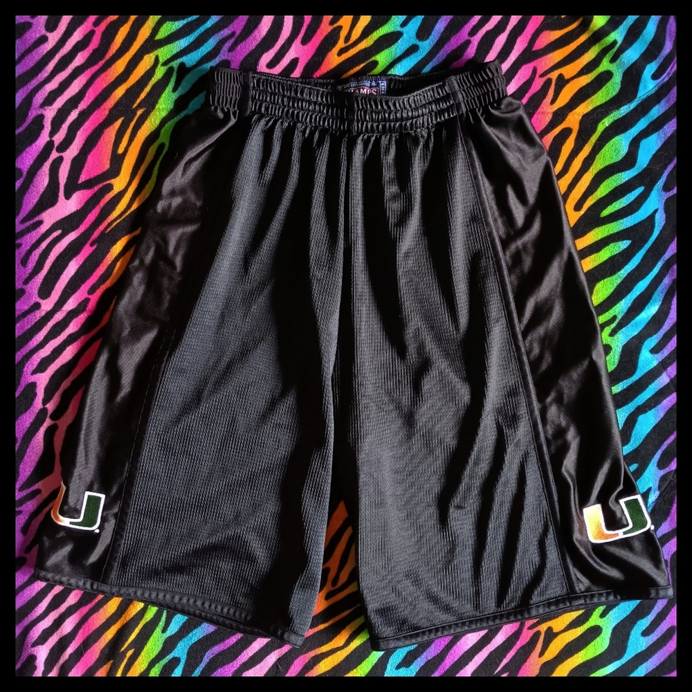 💚🧡 Y2K University of Miami Champs Shorts Black Athletic Basketball Small 90's